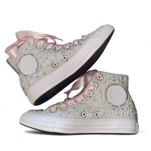 Vitrail Diamond & Pearls High Top Converse Sizes 5-14 New With Ribbon Laces